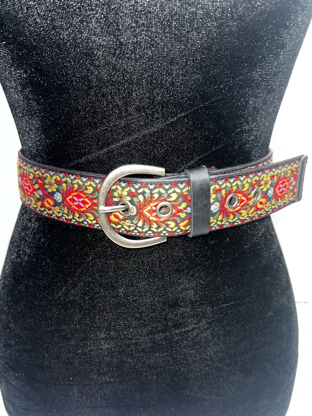 Embroidered Floral Waist Belt in Black with Red and Green Accents